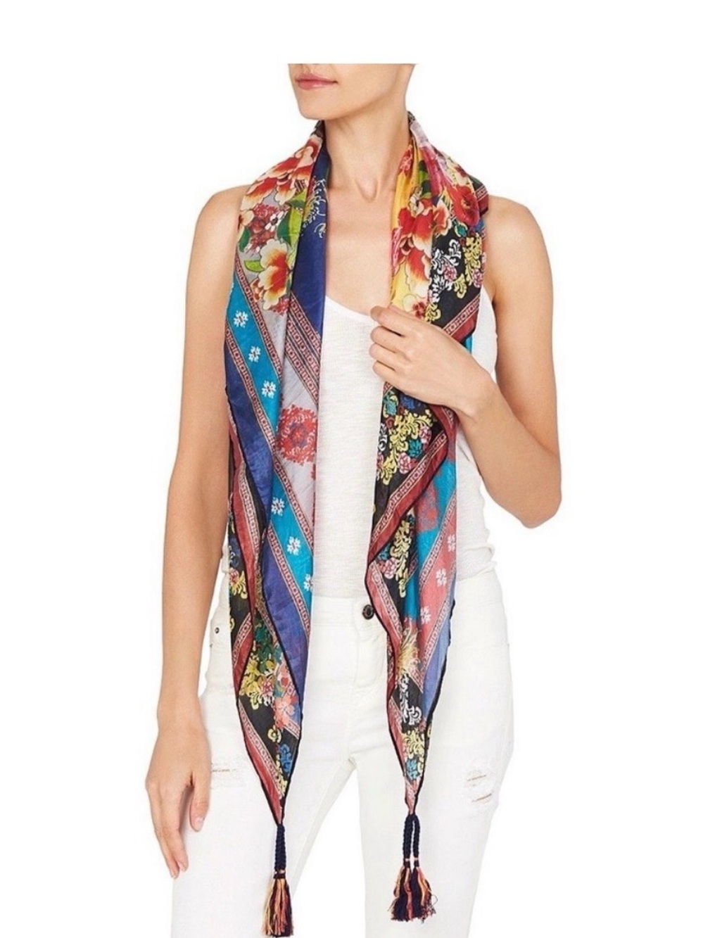 Johnny Was Aura Silk Floral Tassel Scarf in Blue, Pink, Green, Yellow, NWT/Box